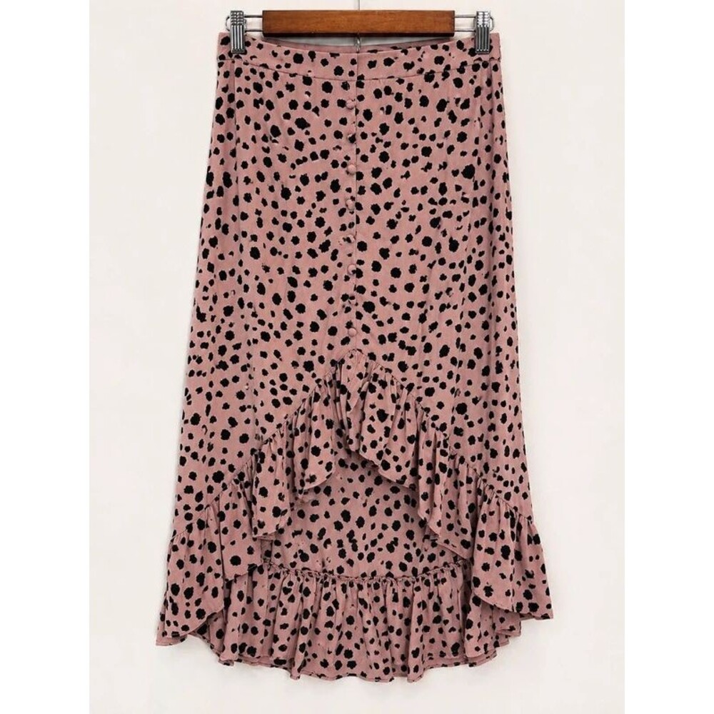 IVIVI Pink Spotted Ruffle Midi Skirt | Medium | High-Low Hem